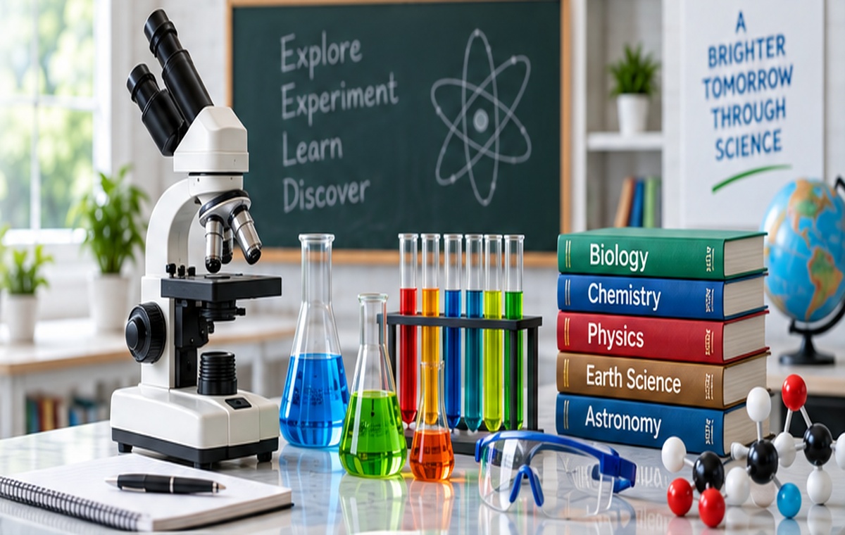 Microscope, colorful laboratory glassware, science books and molecular models